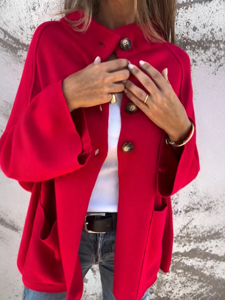 Turtleneck buttoned loose wool coat with pockets