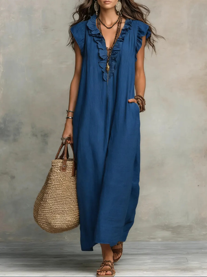Bohemian Ruffle Linen-Cotton Maxi Dress