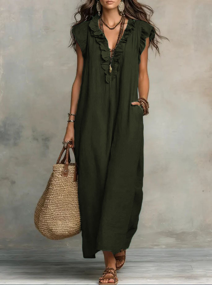 Bohemian Ruffle Linen-Cotton Maxi Dress