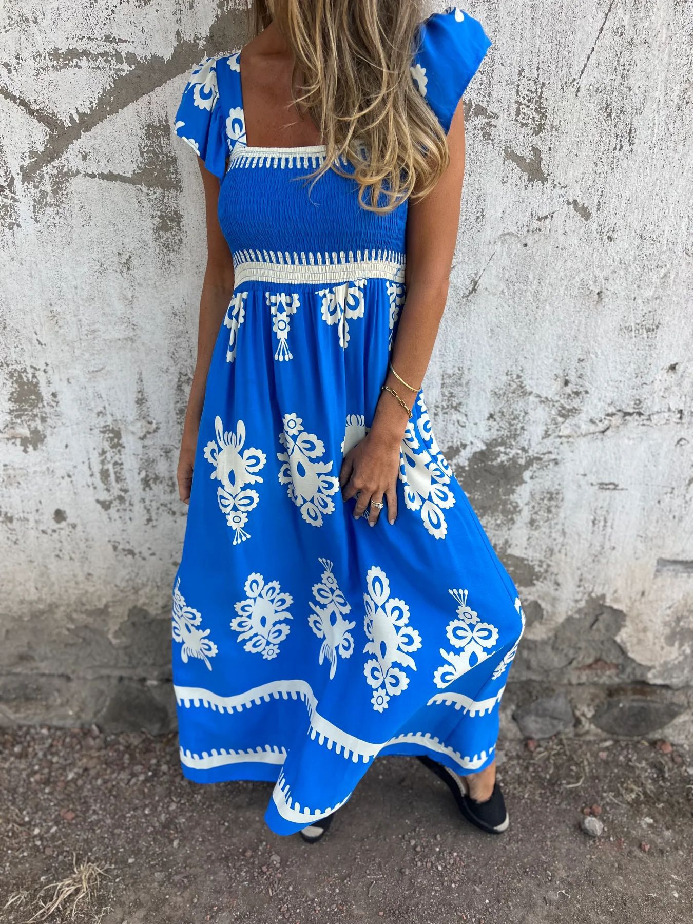V-Neck Print Maxi Dress With Pockets