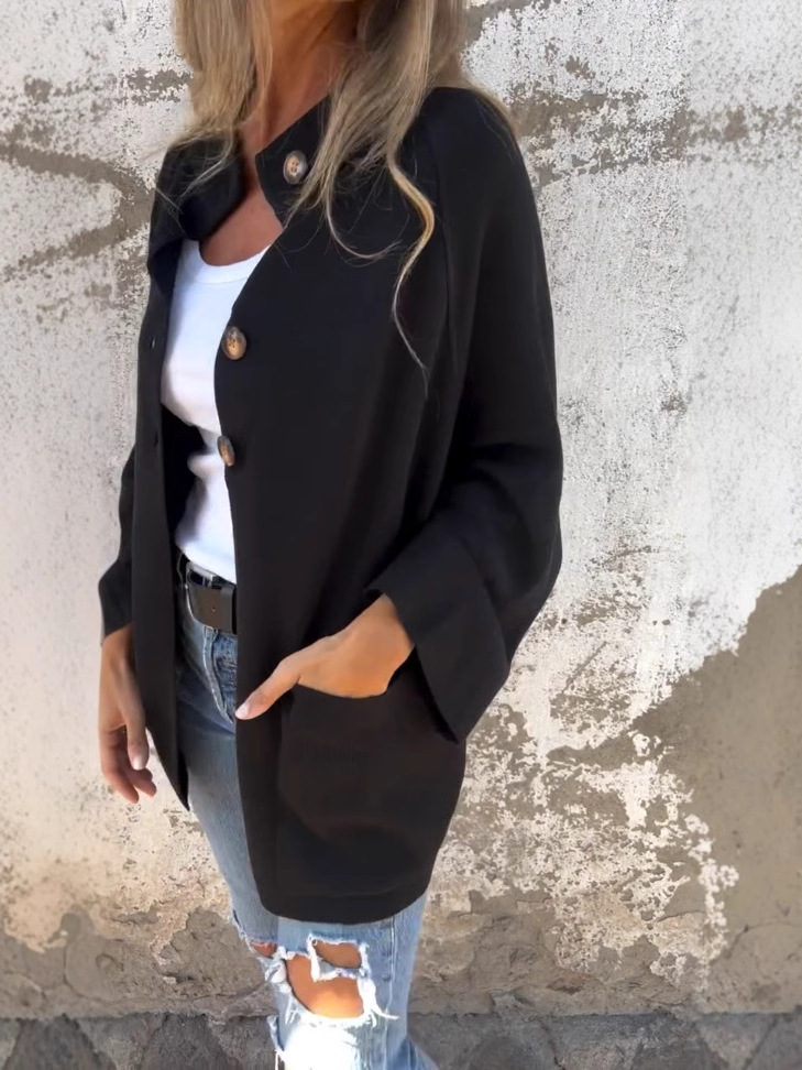 Turtleneck buttoned loose wool coat with pockets