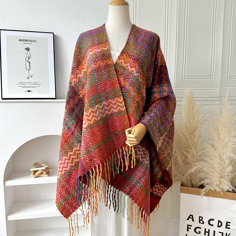 Women's plaid thickened warm sleeve knitted shawl
