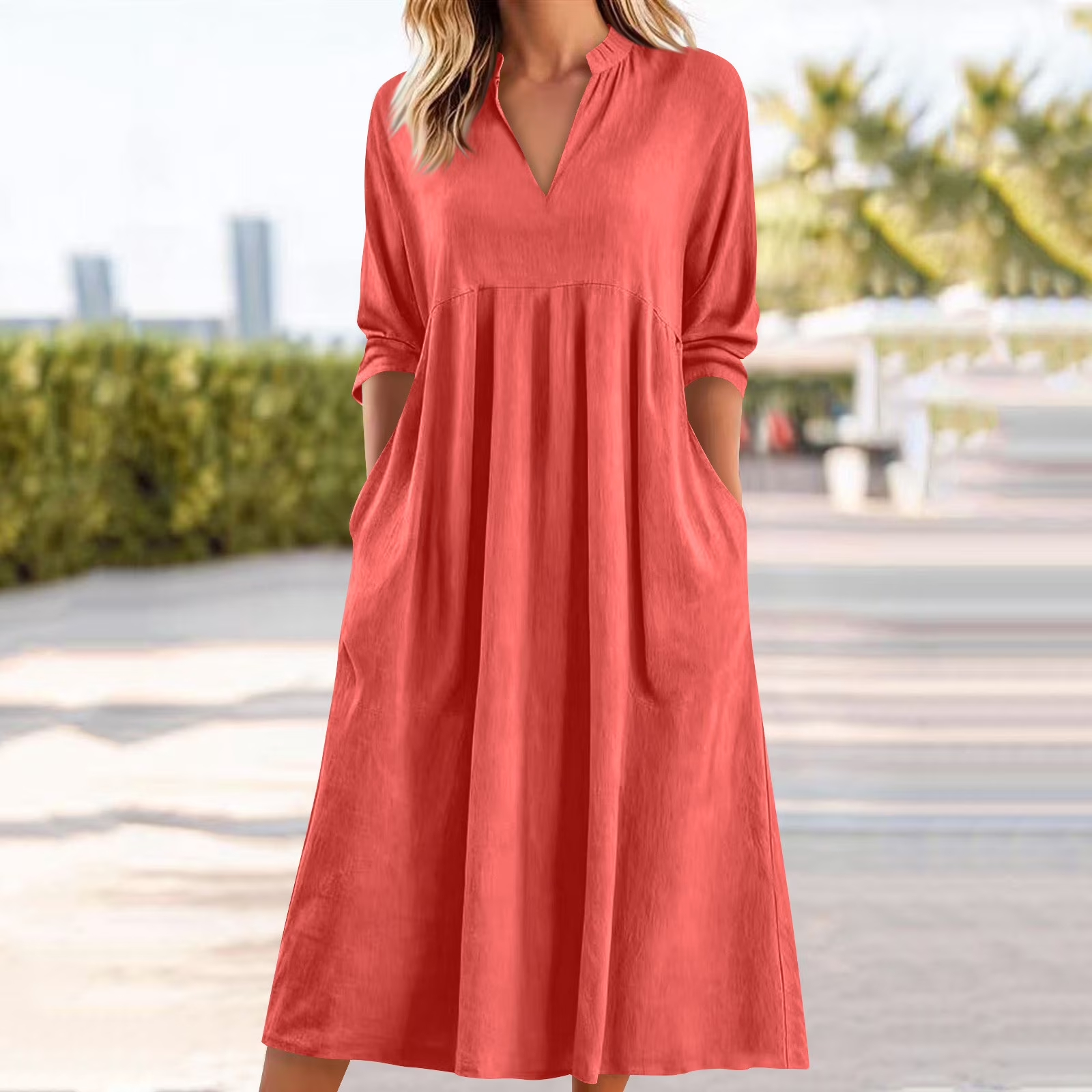 V-Neck Pocketed Slimming A-Line Dress