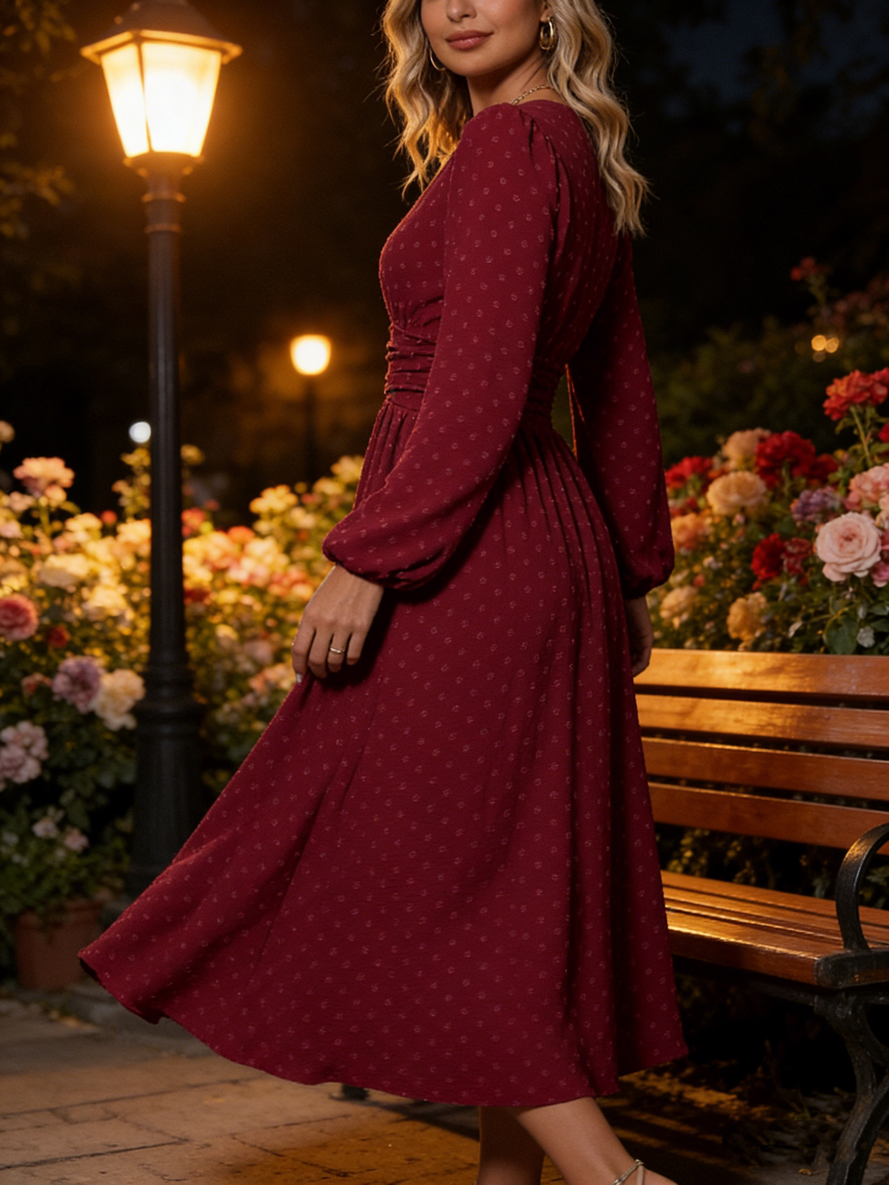 Women's V Neck Puff Sleeve Midi Dress Swiss Dot Wrap Dress