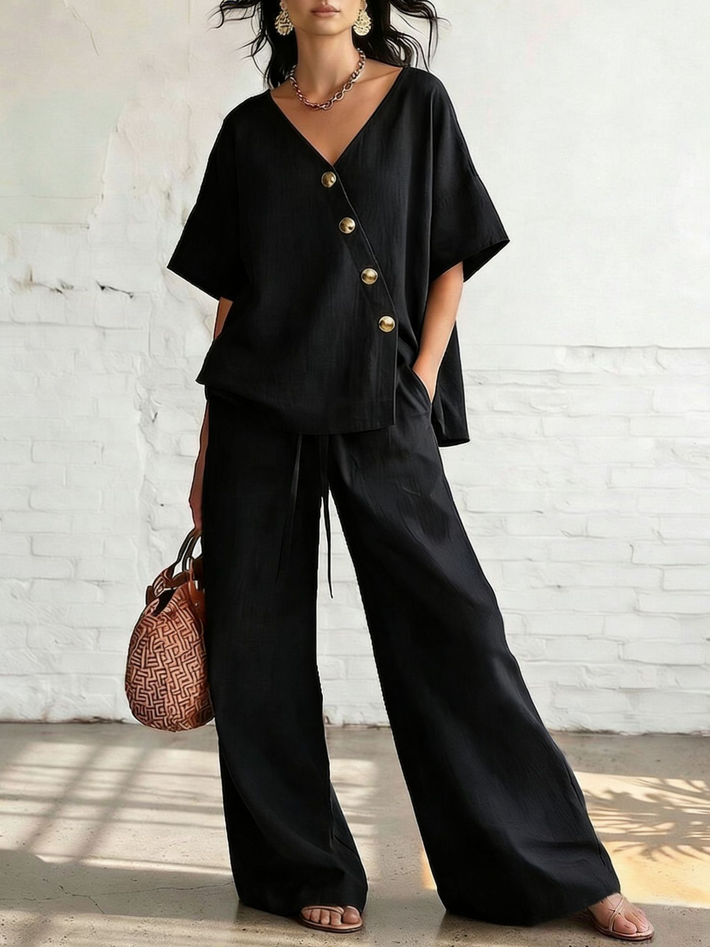 V-neck button-down top and drawstring wide-leg pants set
