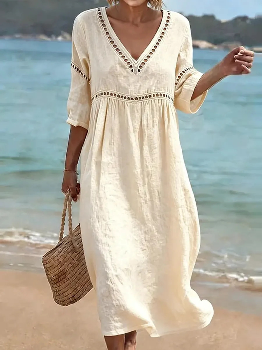 2026 New elegant and casual V-neck solid color women's dress