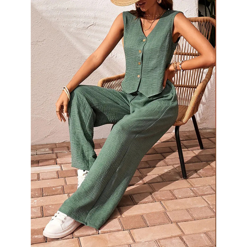 Womens Two Piece Outfits Summer Fashion Button V Neck Crop Vest Blazer And Wide Leg Pants Suit Matching Sets