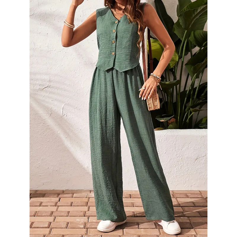 Womens Two Piece Outfits Summer Fashion Button V Neck Crop Vest Blazer And Wide Leg Pants Suit Matching Sets