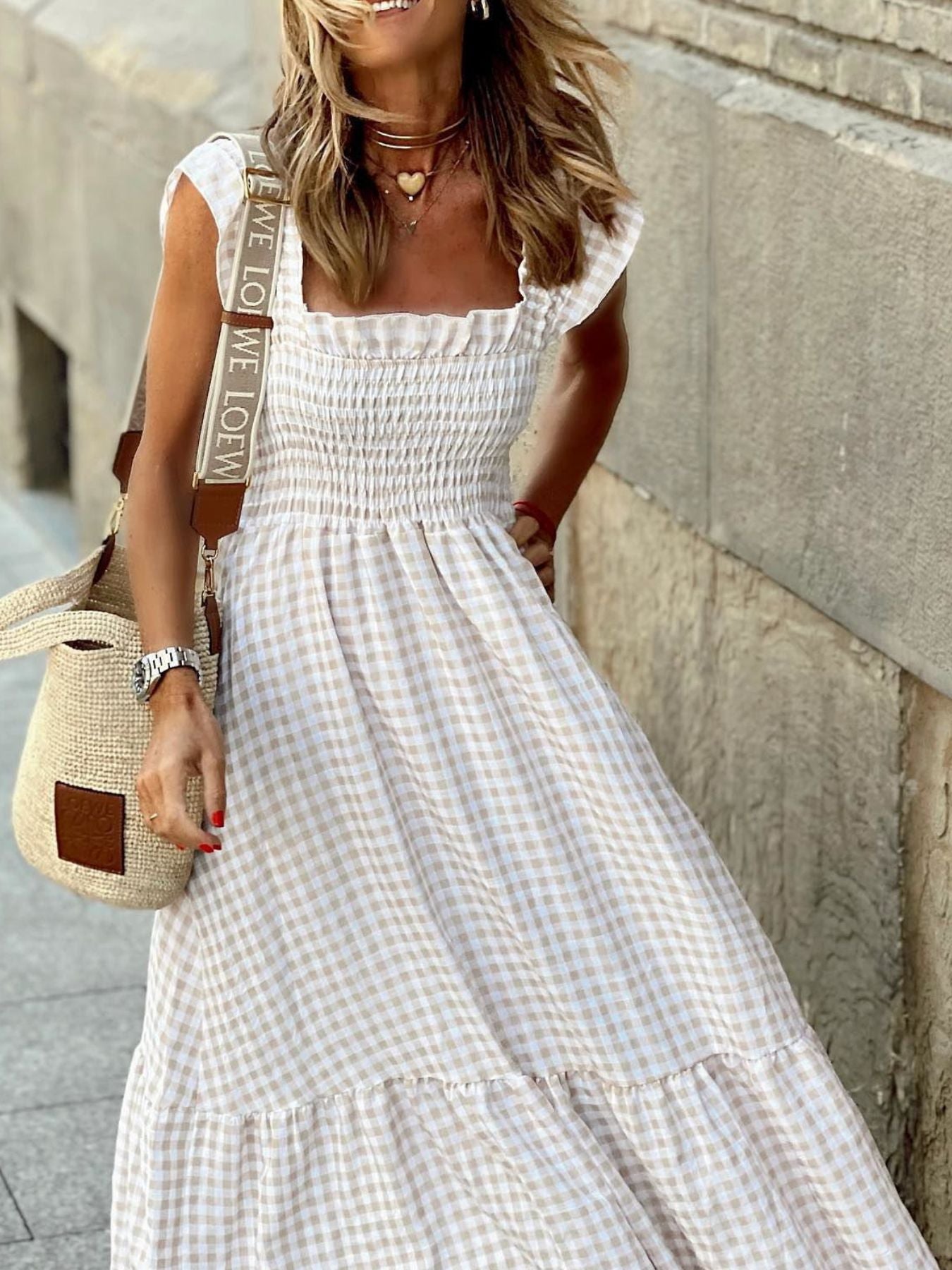 Plaid Ruffle Sleeve Maxi Dress