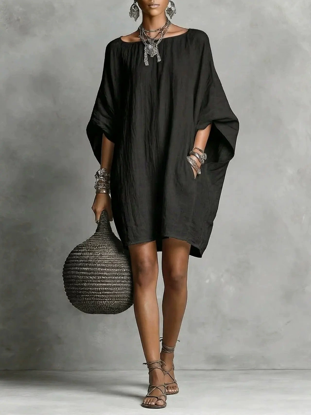 Retro casual cotton and linen off-shoulder dress