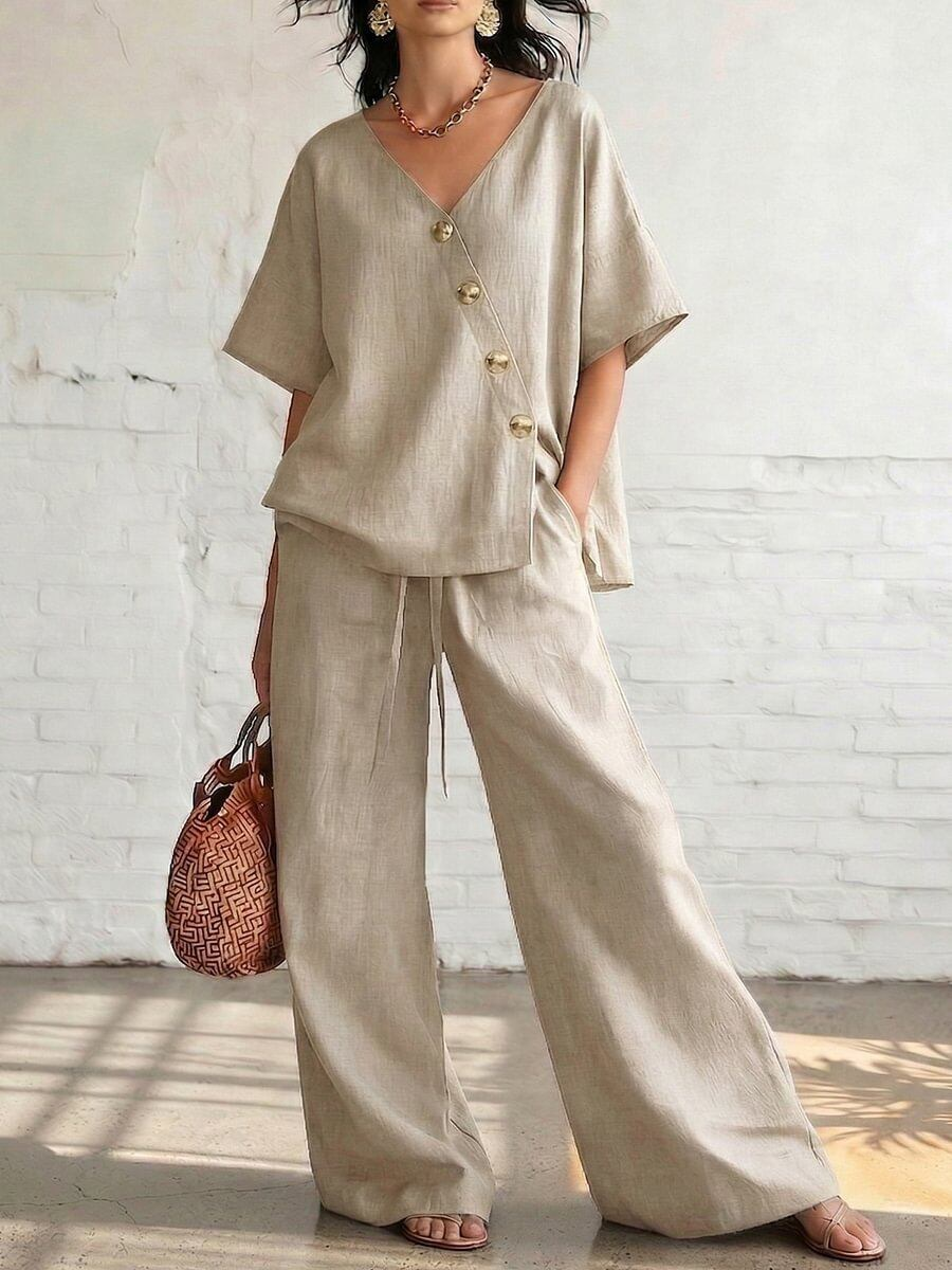 V-neck button-down top and drawstring wide-leg pants set