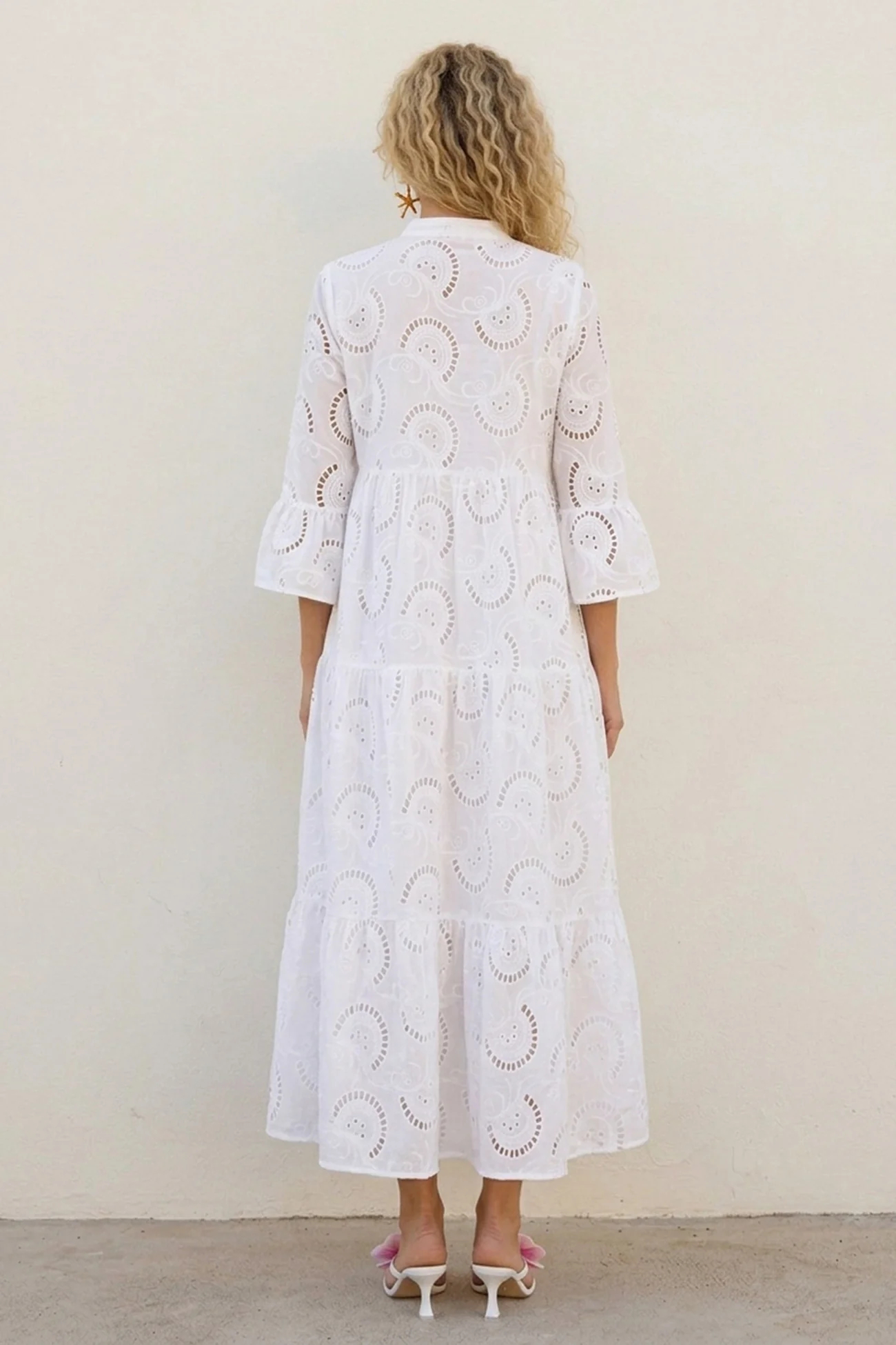 V Neck Flares Sleeve Embroidery Cotton Dress