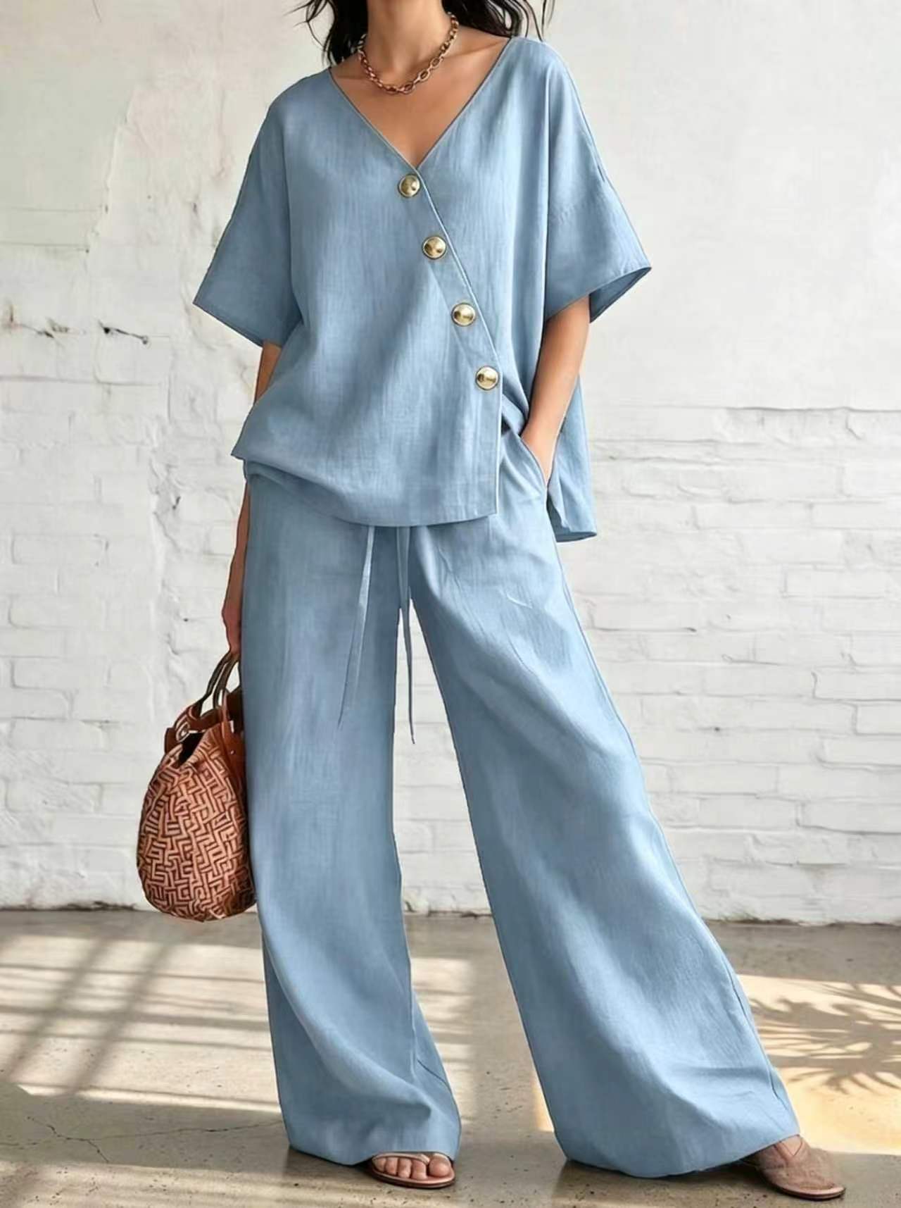 V-neck button-down top and drawstring wide-leg pants set