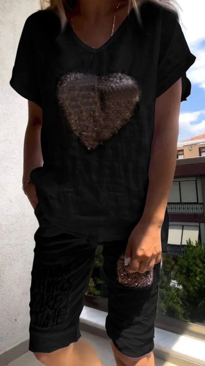 V-neck Love Sequin Casual Two-piece Suit (Buy 2 Sets Free Shipping)