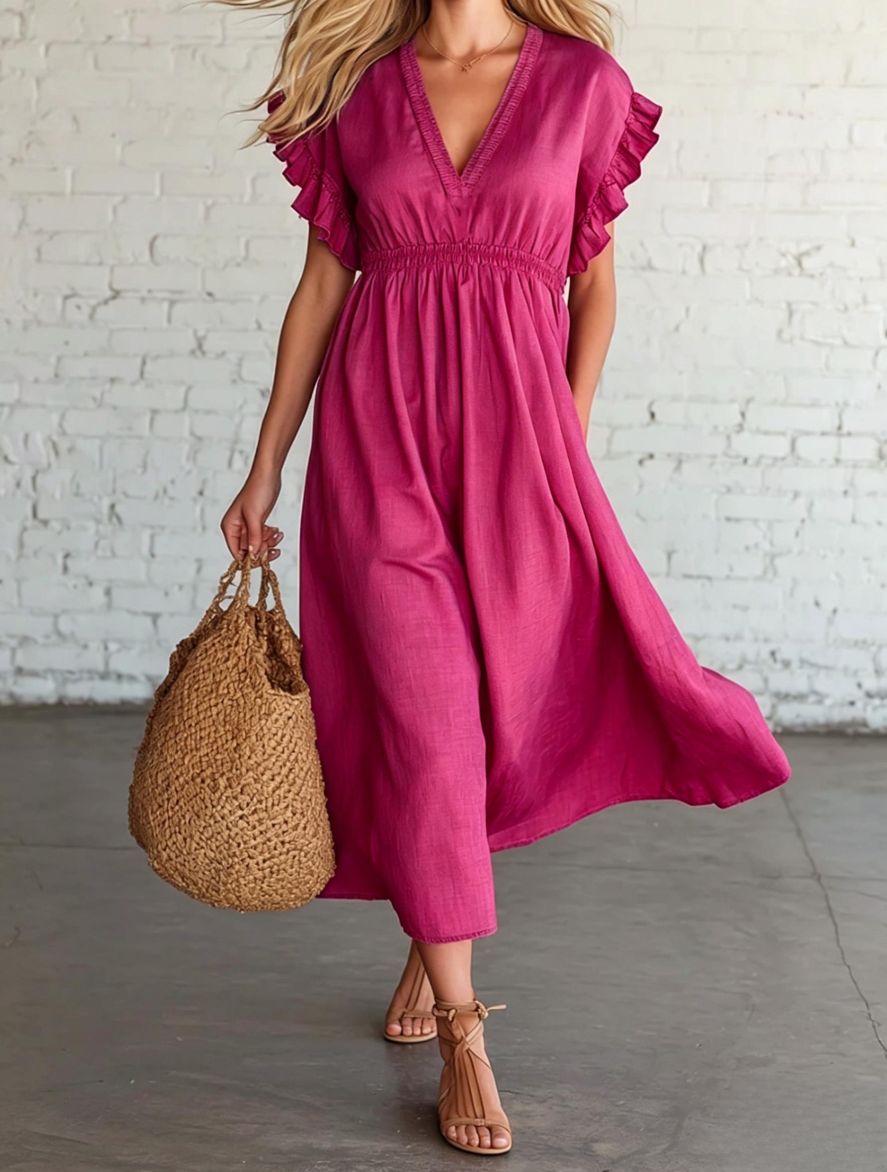 Retro🔥 Style Light Luxury Cotton And Linen V Neck Ruffle Midi Dress