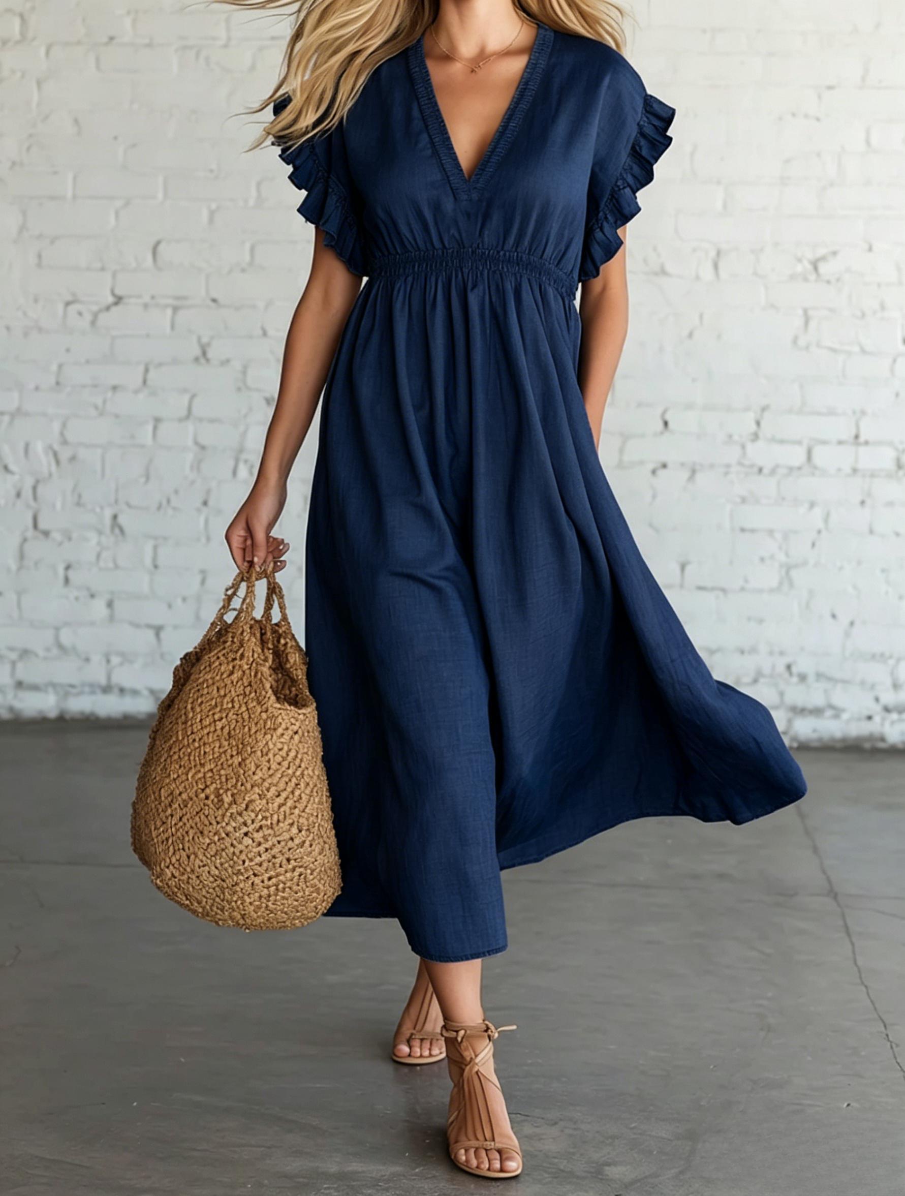 Retro🔥 Style Light Luxury Cotton And Linen V Neck Ruffle Midi Dress