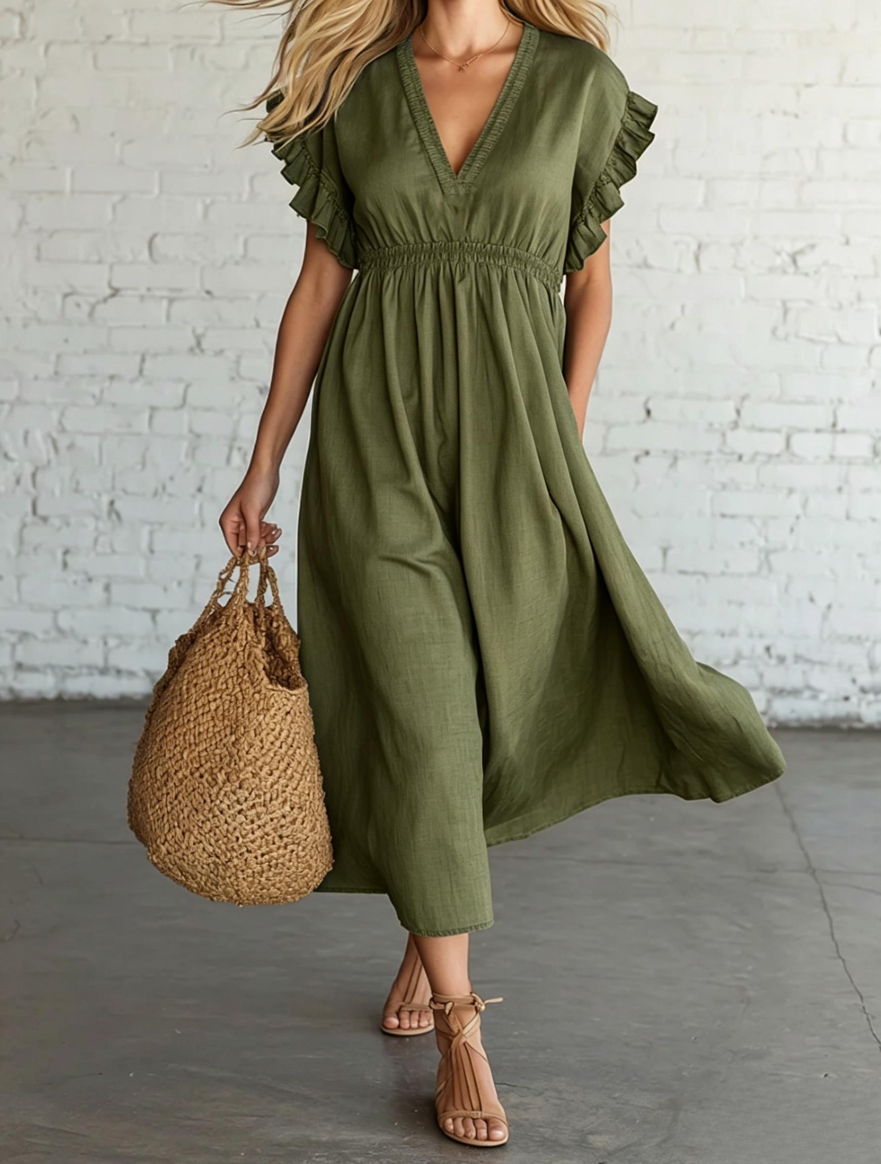 Retro🔥 Style Light Luxury Cotton And Linen V Neck Ruffle Midi Dress
