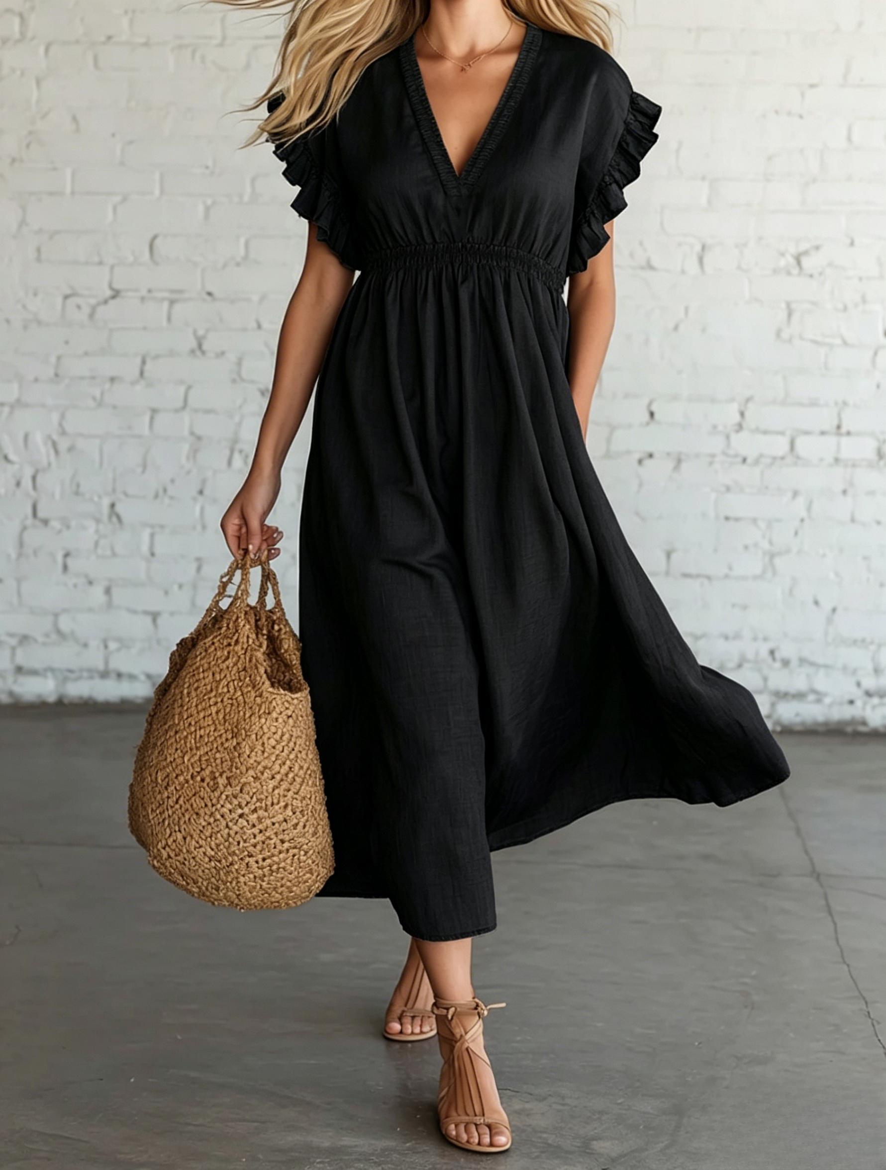 Retro🔥 Style Light Luxury Cotton And Linen V Neck Ruffle Midi Dress