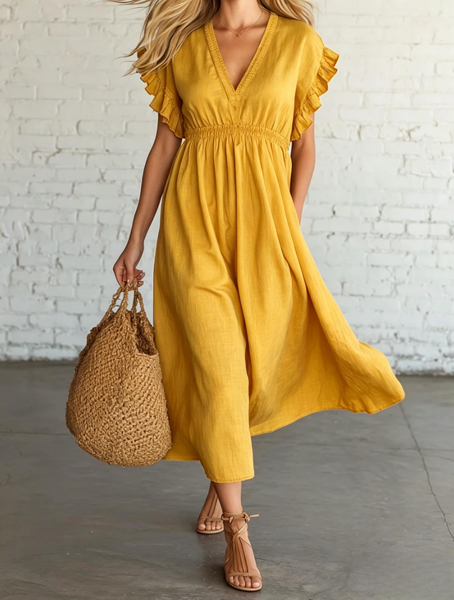 Retro🔥 Style Light Luxury Cotton And Linen V Neck Ruffle Midi Dress