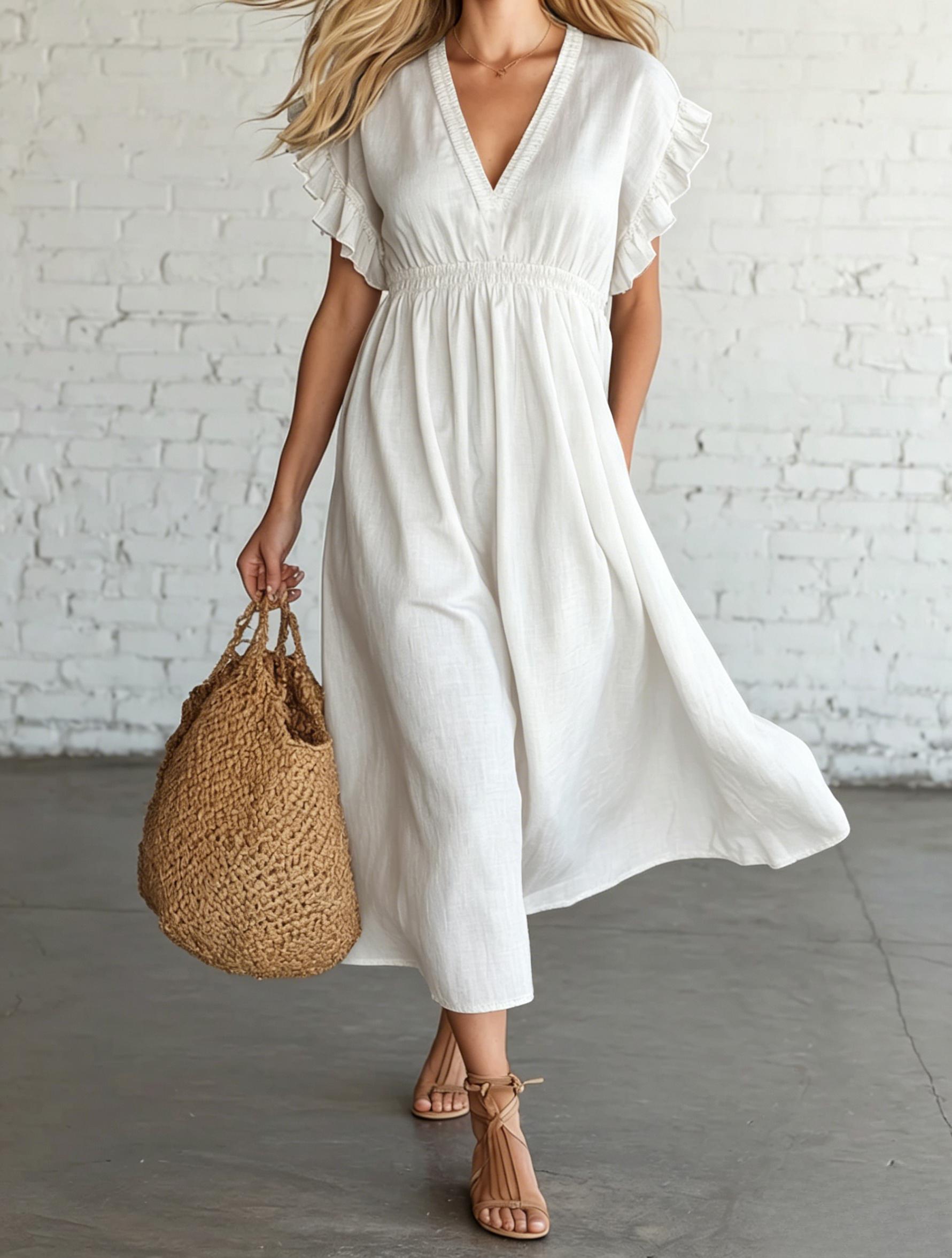 Retro🔥 Style Light Luxury Cotton And Linen V Neck Ruffle Midi Dress
