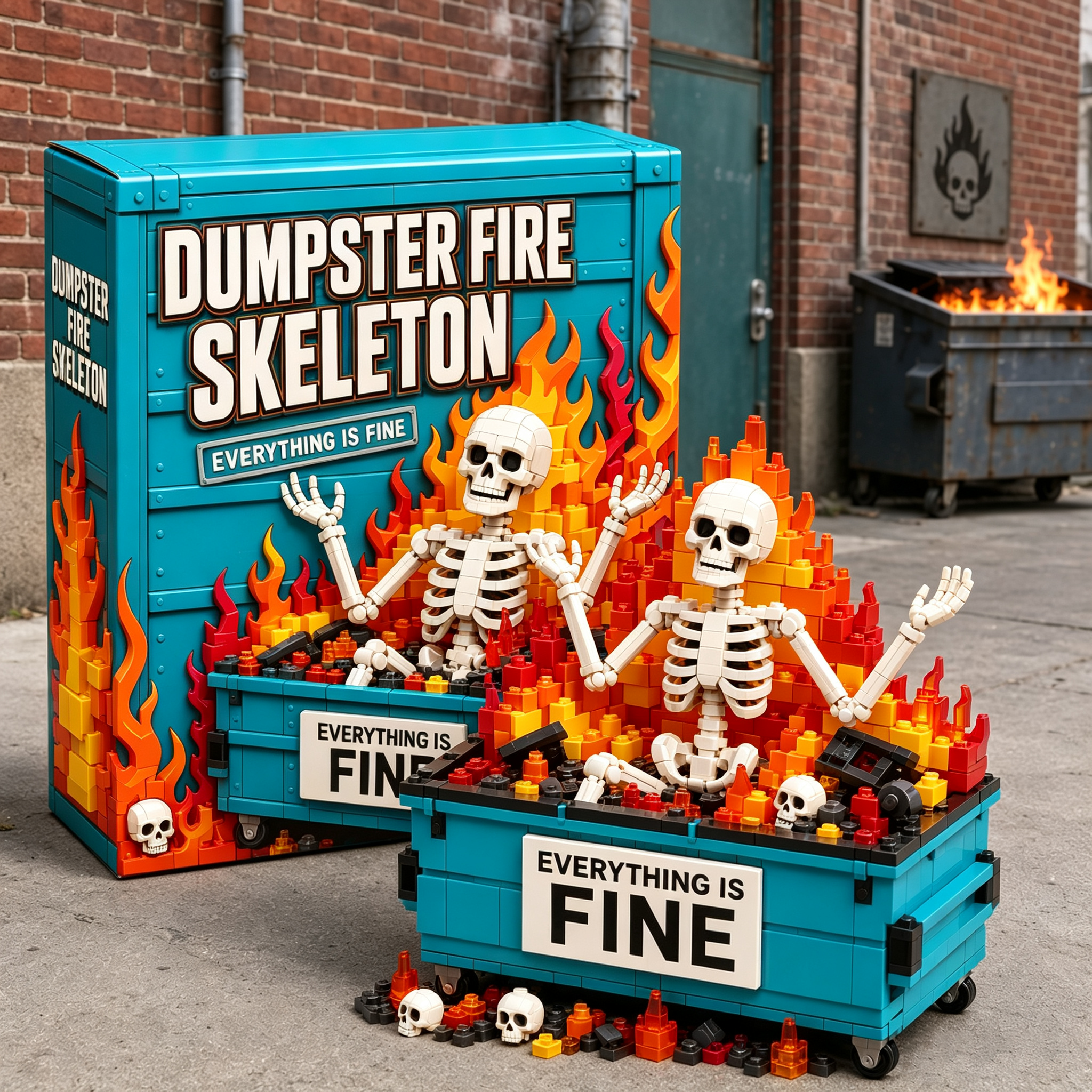 Everything’s Fine Dumpster Fire Skeleton Building Block Set