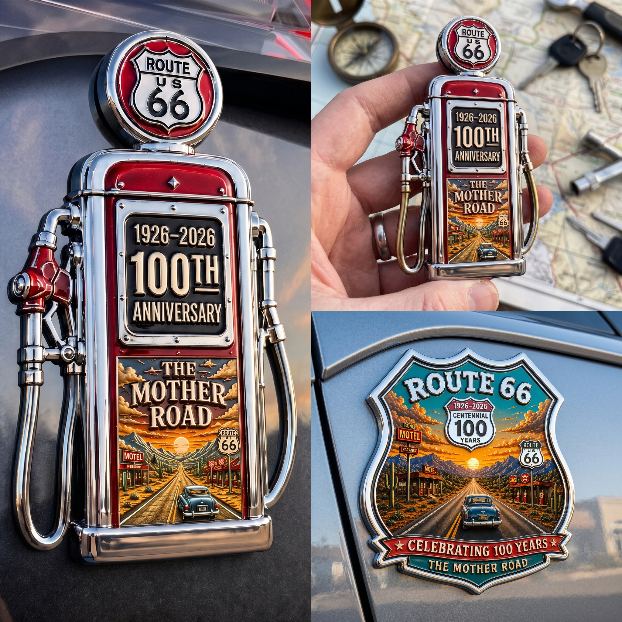 Vintage Route 66 100th Anniversary 3D Metal Car Emblem