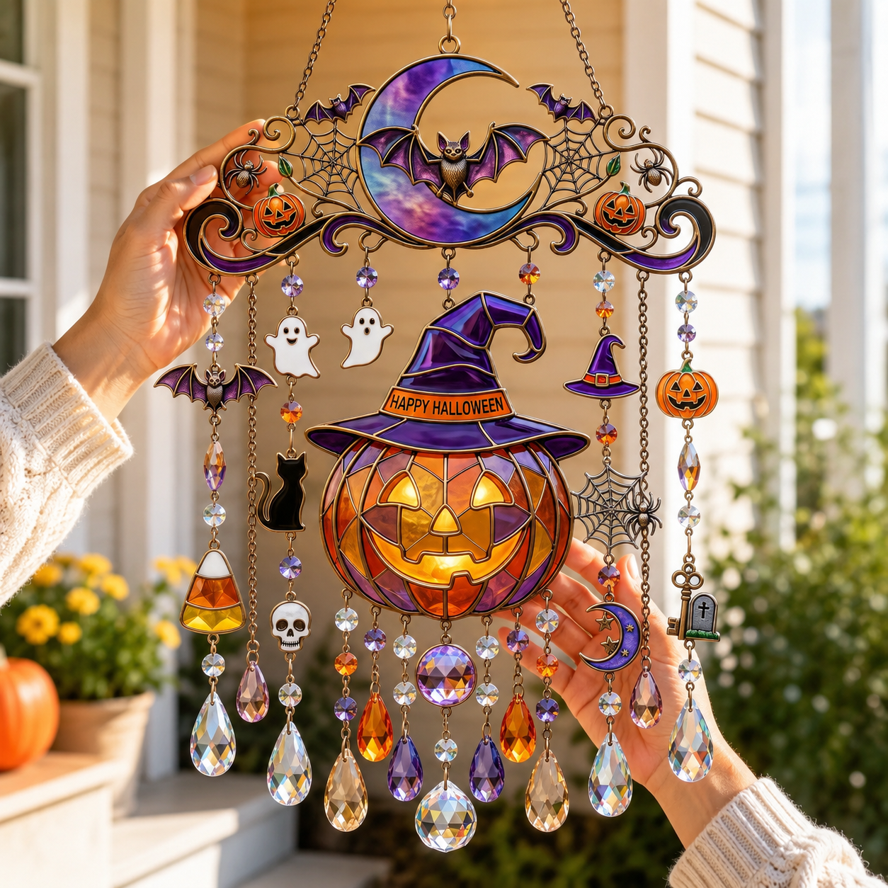 Halloween Stained Glass Jack-O'-Lantern Crystal Wind Chime