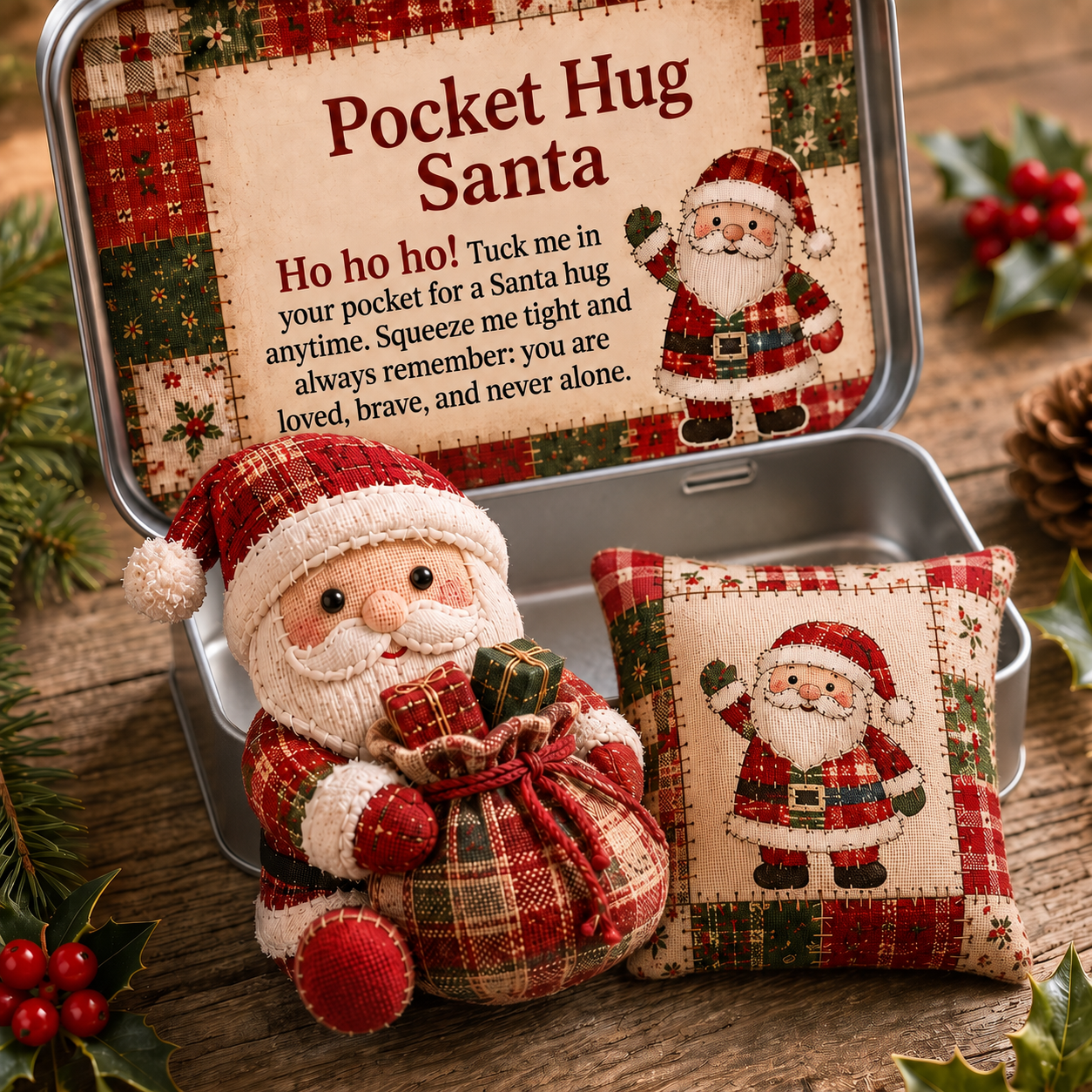 Heartwarming Patchwork Santa Pocket Hug Keepsake Tin