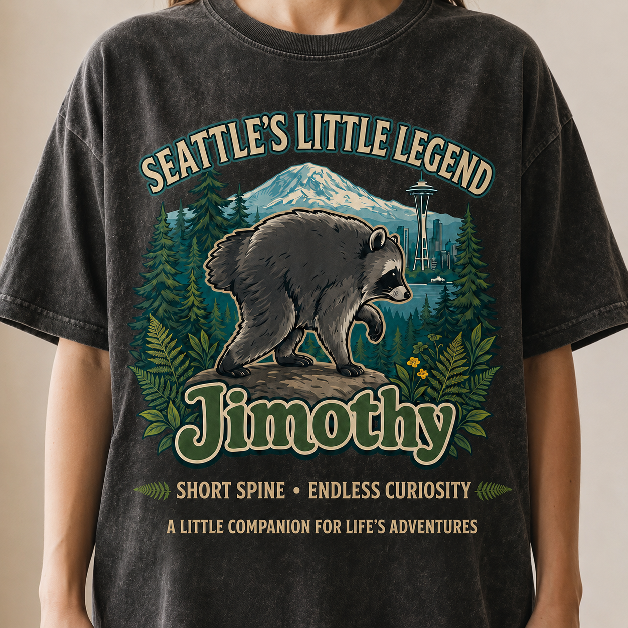 Seattle’s Little Legend Jimothy Short Spine Raccoon Retro Graphic T-Shirt