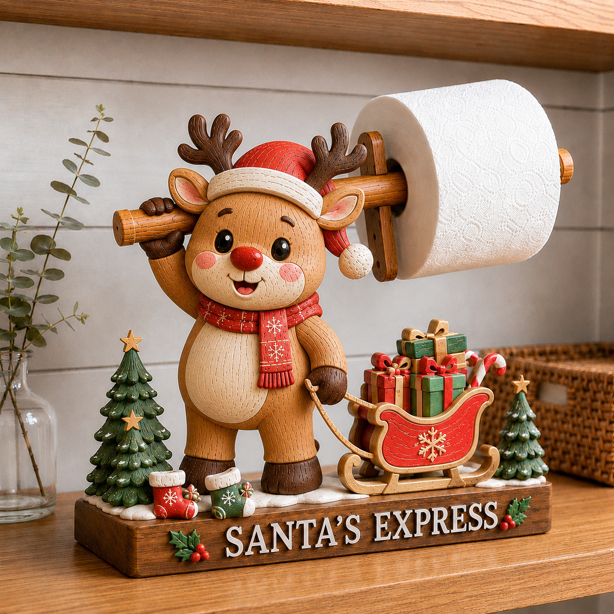 Santa's Express Handcrafted Christmas Paper Roll Holder