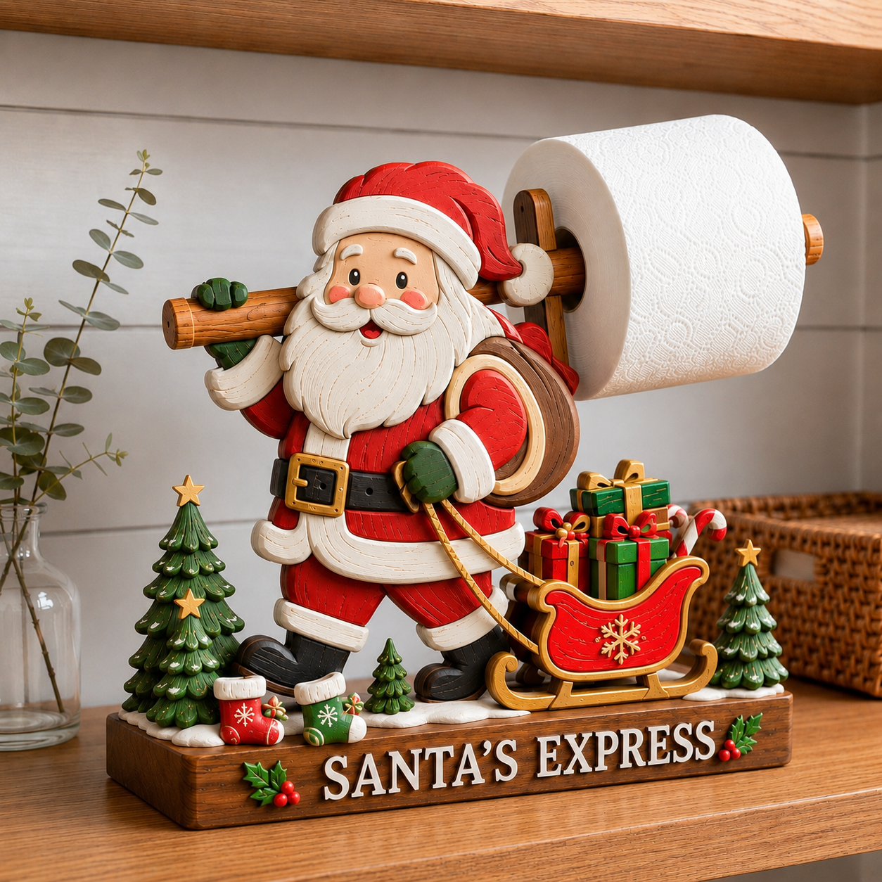 Santa's Express Handcrafted Christmas Paper Roll Holder 