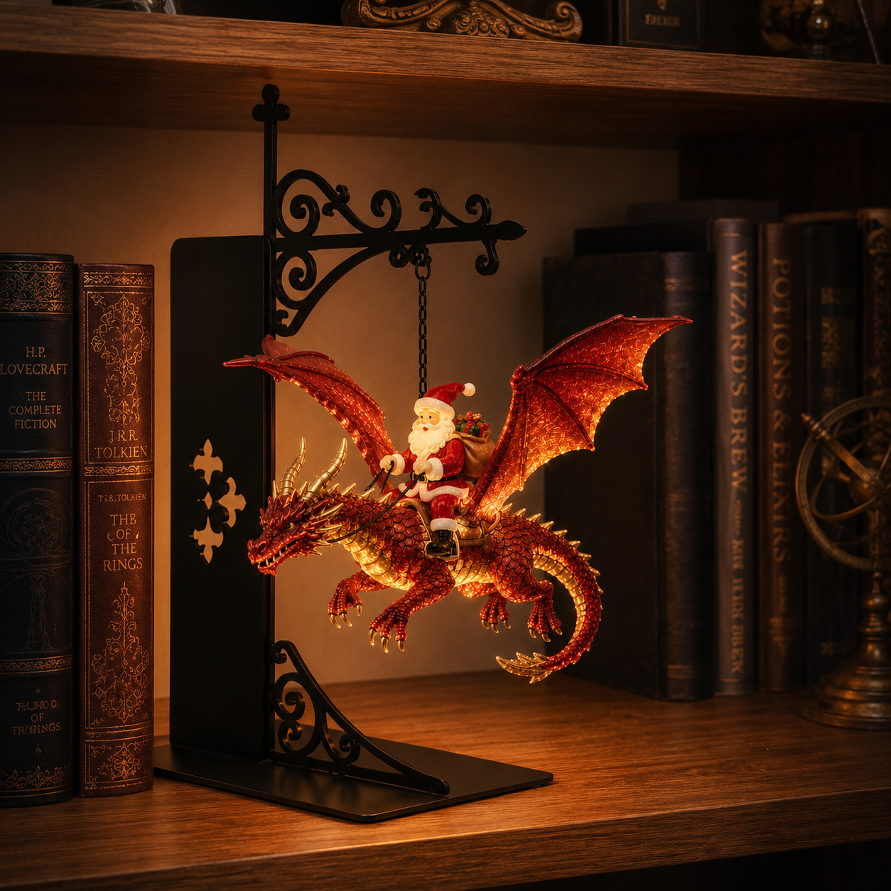 Mythical Santa Dragon Rider Suspended Bookshelf Lamp