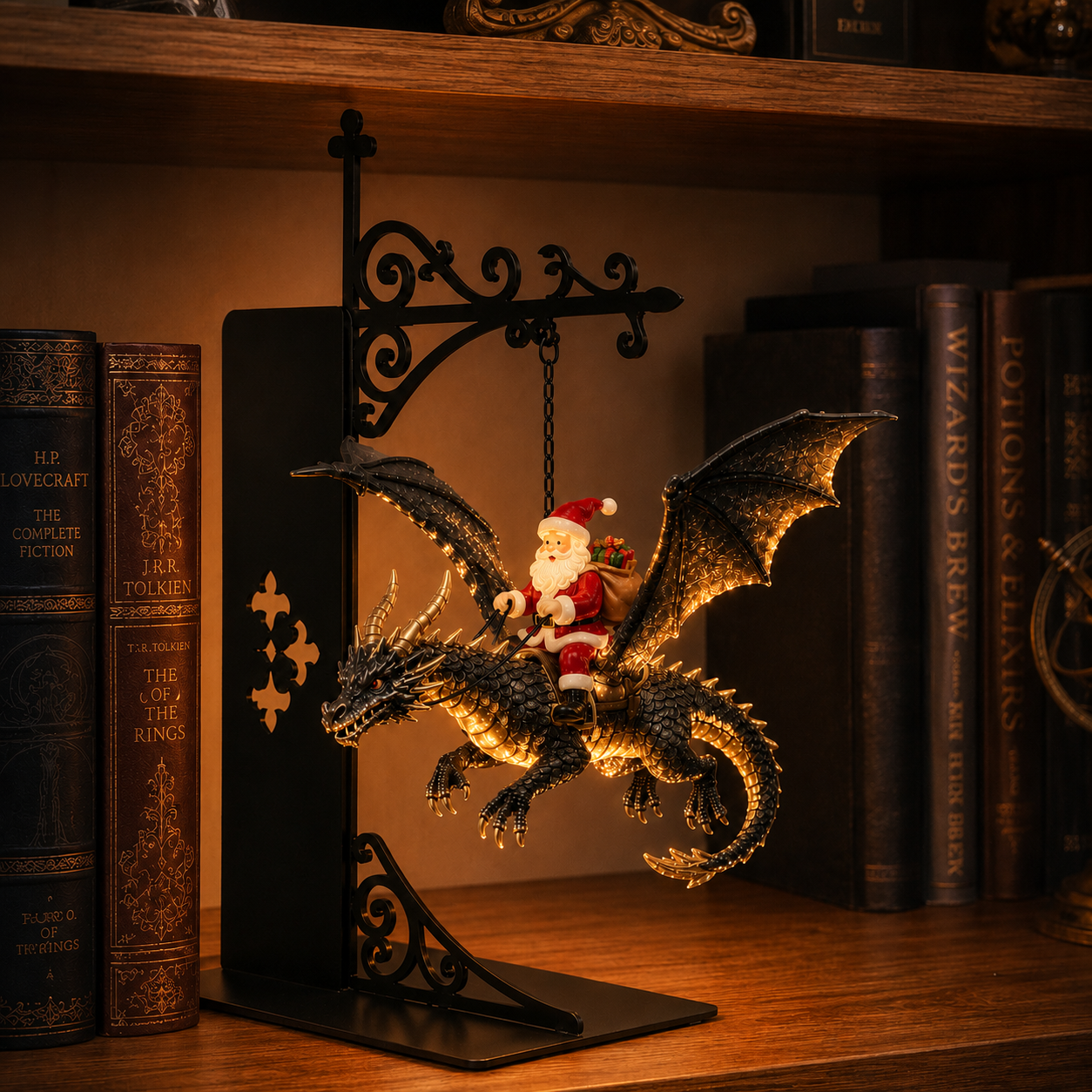 Mythical Santa Dragon Rider Suspended Bookshelf Lamp