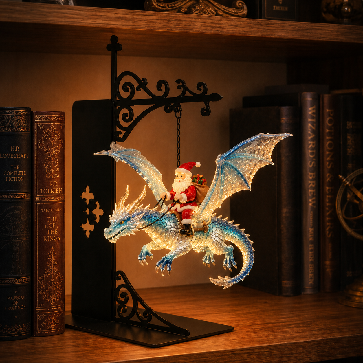 Mythical Santa Dragon Rider Suspended Bookshelf Lamp