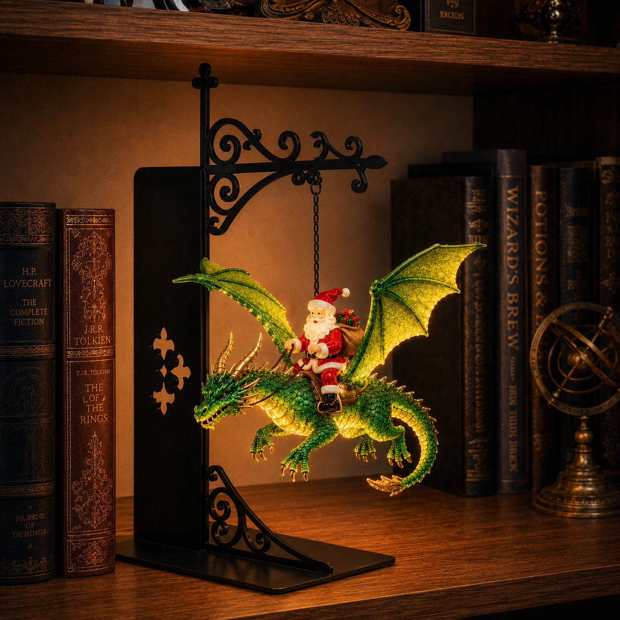Mythical Santa Dragon Rider Suspended Bookshelf Lamp
