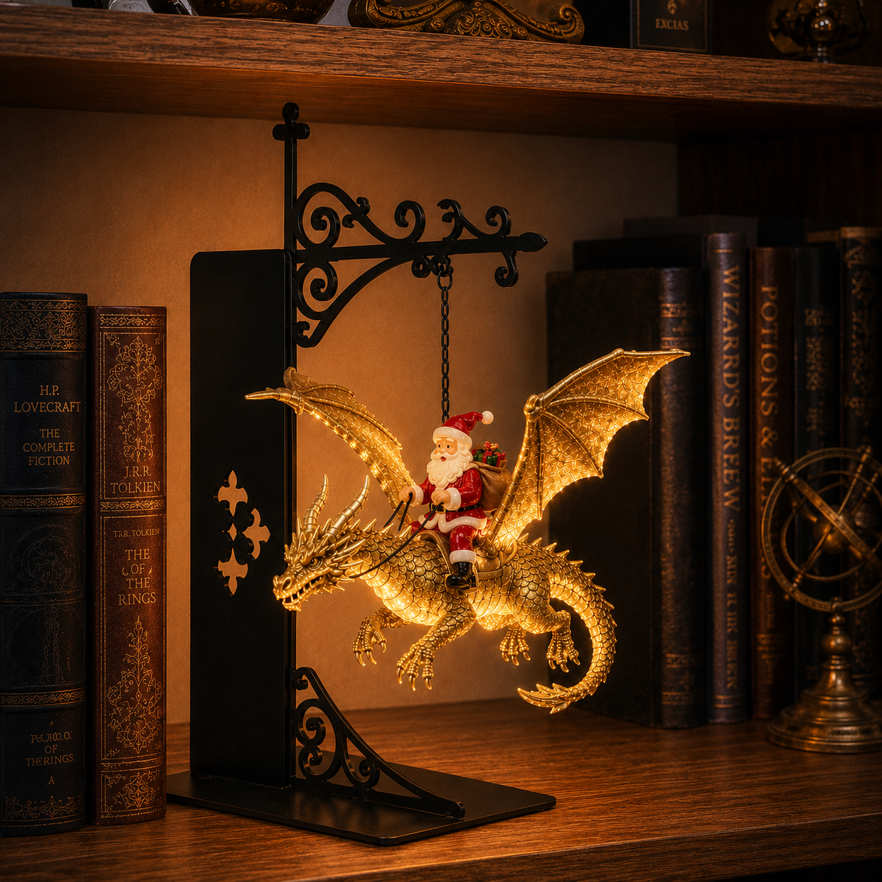 Mythical Santa Dragon Rider Suspended Bookshelf Lamp