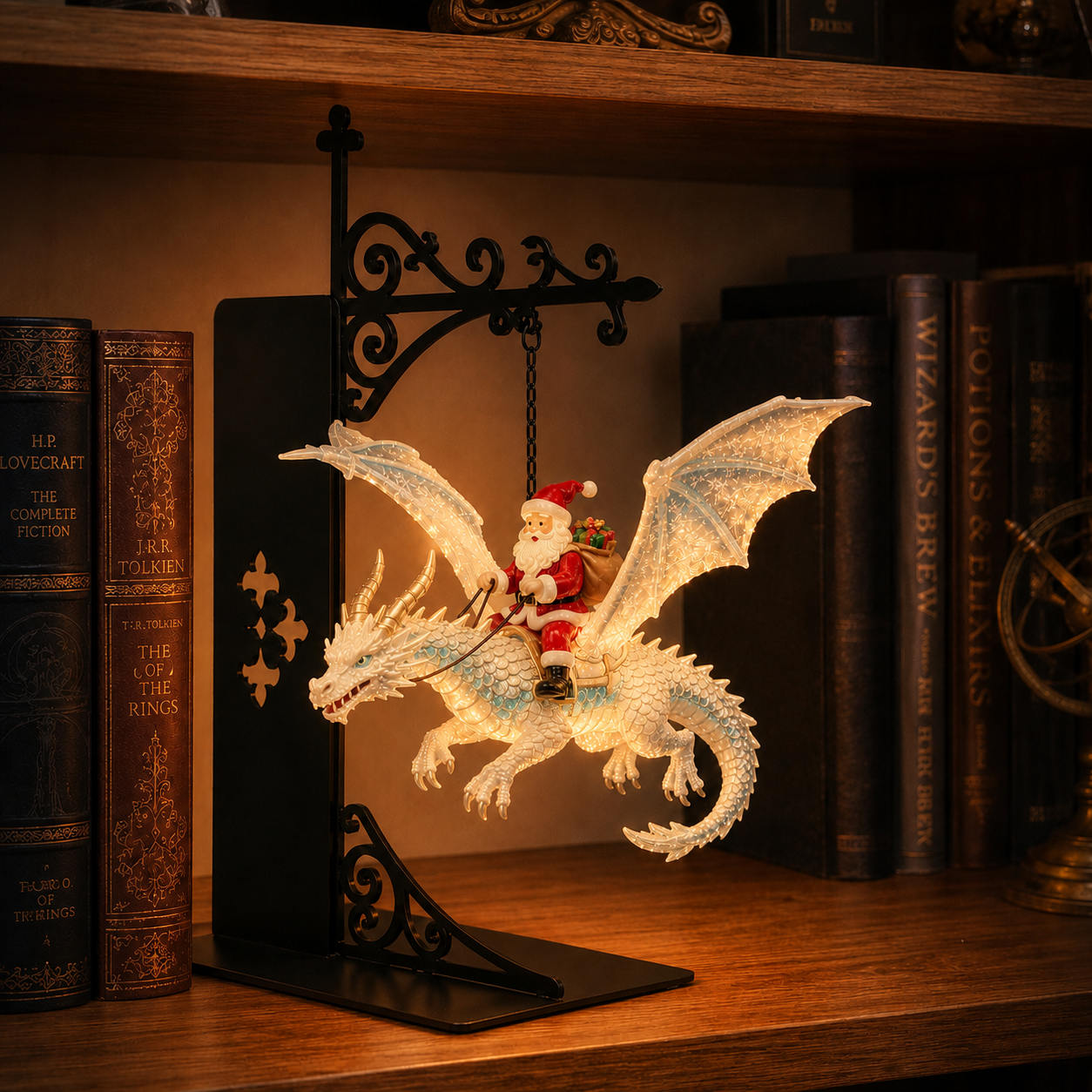 Mythical Santa Dragon Rider Suspended Bookshelf Lamp