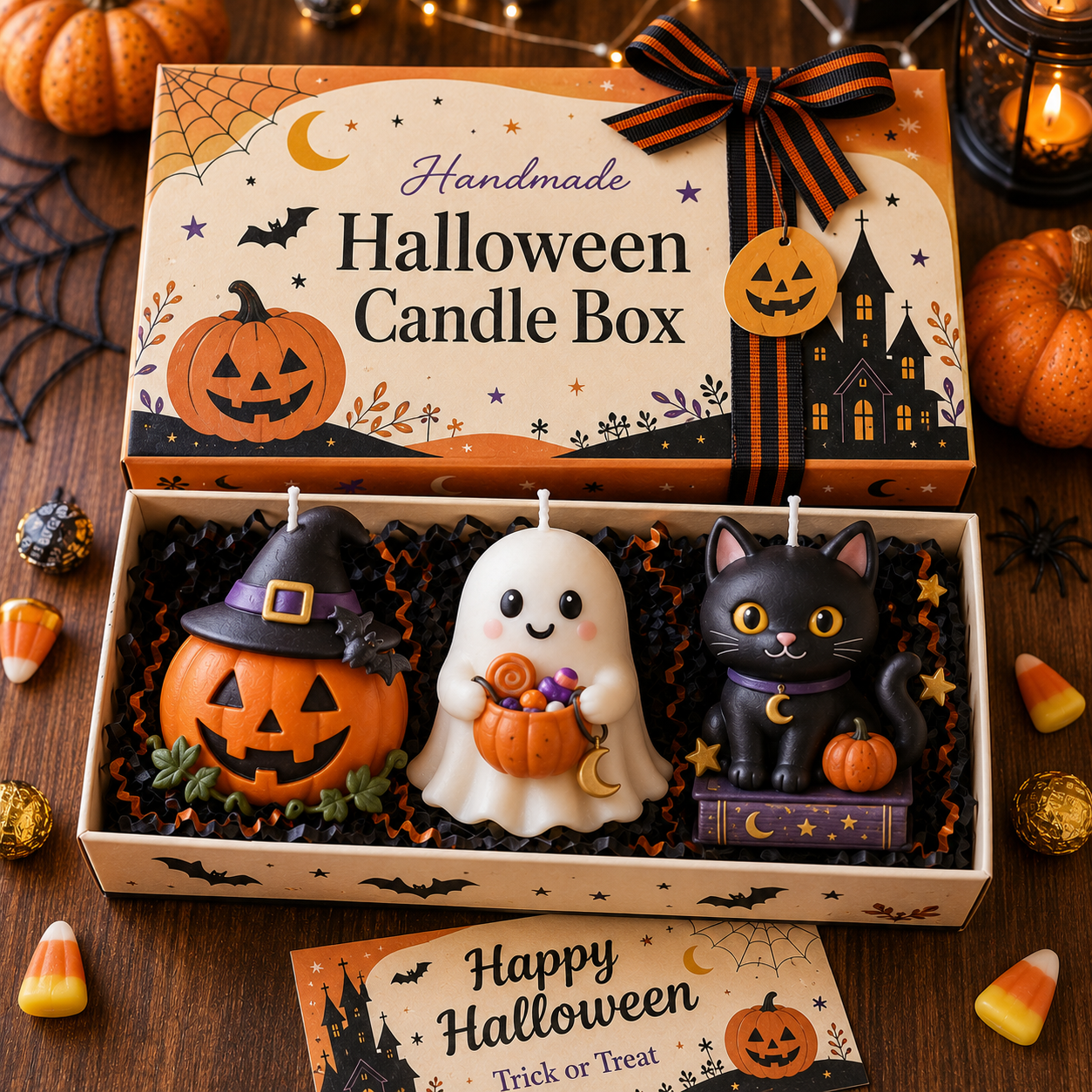 Spooky-Cute Handmade Halloween 3-Piece Figurine Candle Gift Box