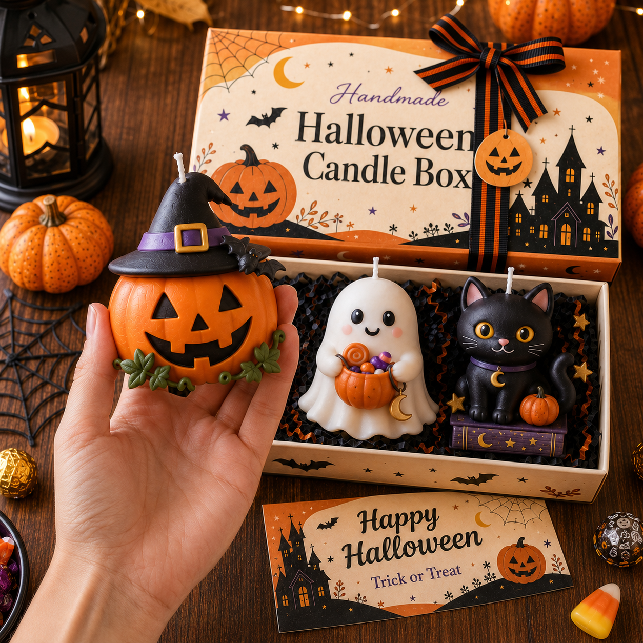 Spooky-Cute Handmade Halloween 3-Piece Figurine Candle Gift Box