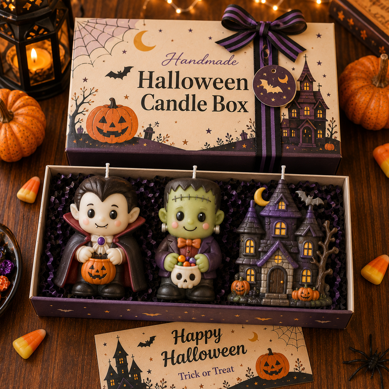 Spooky-Cute Handmade Halloween 3-Piece Figurine Candle Gift Box