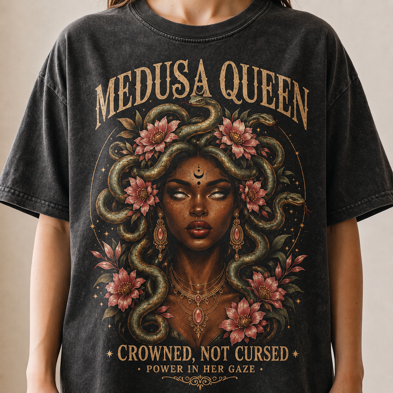 Women's Crowned Not Cursed Medusa Queen Dark Mythology Graphic T-Shirt