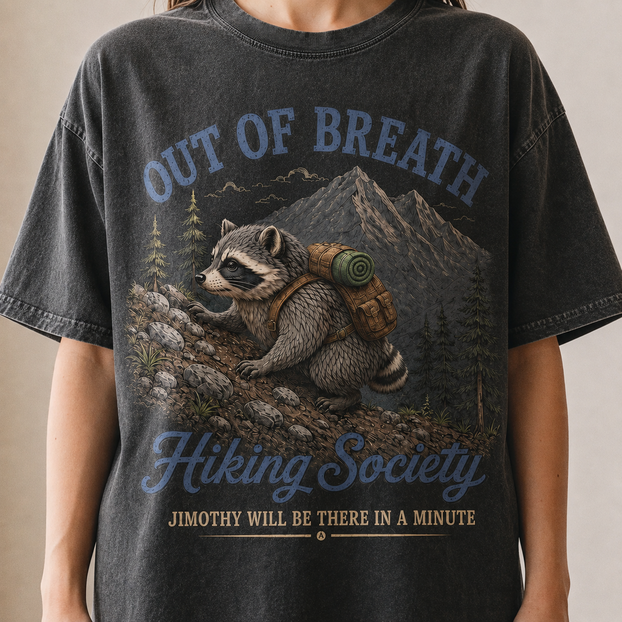 Women's Funny Jimothy the Raccoon Out of Breath Hiking Society Graphic T-Shirt