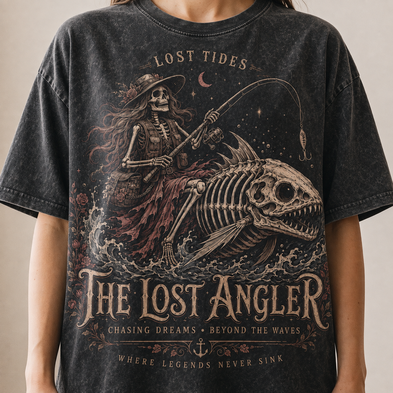 The Lost Angler Women's Gothic Skeleton Fisher Streetwear Tee