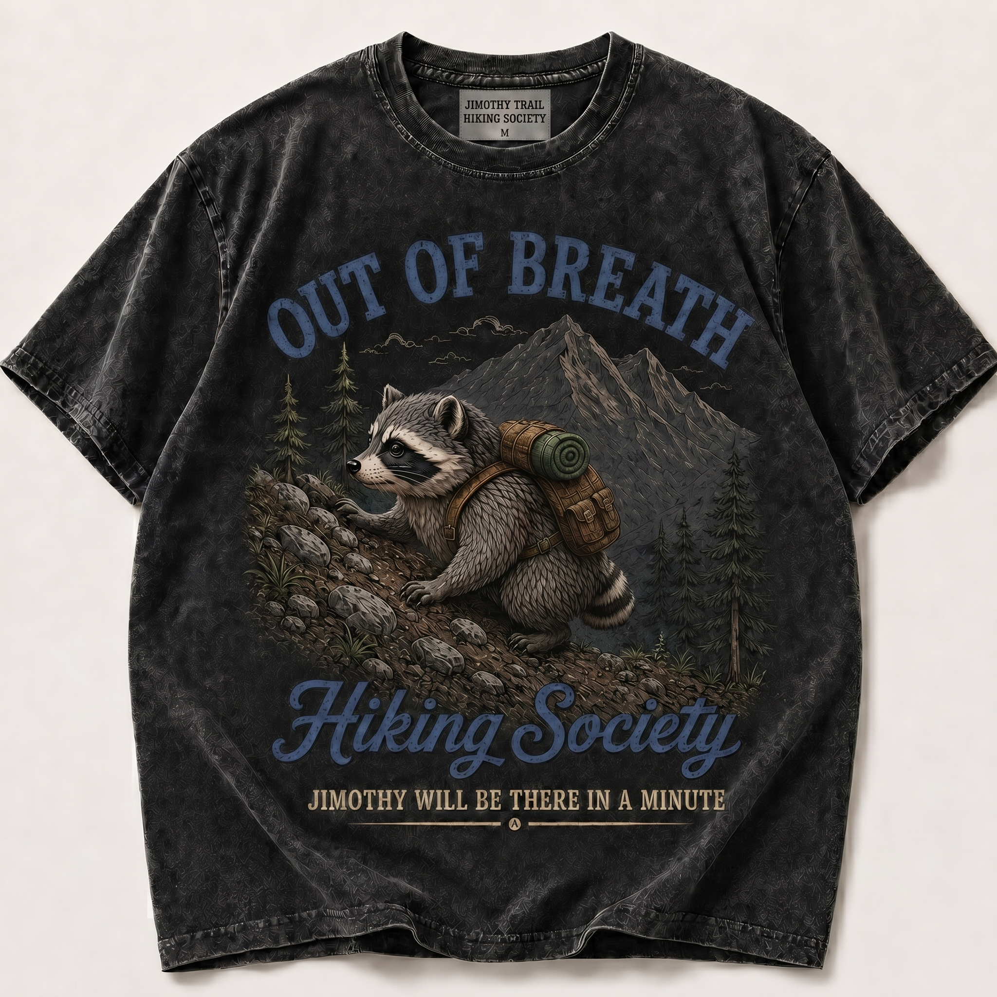 Women's Funny Jimothy the Raccoon Out of Breath Hiking Society Graphic T-Shirt