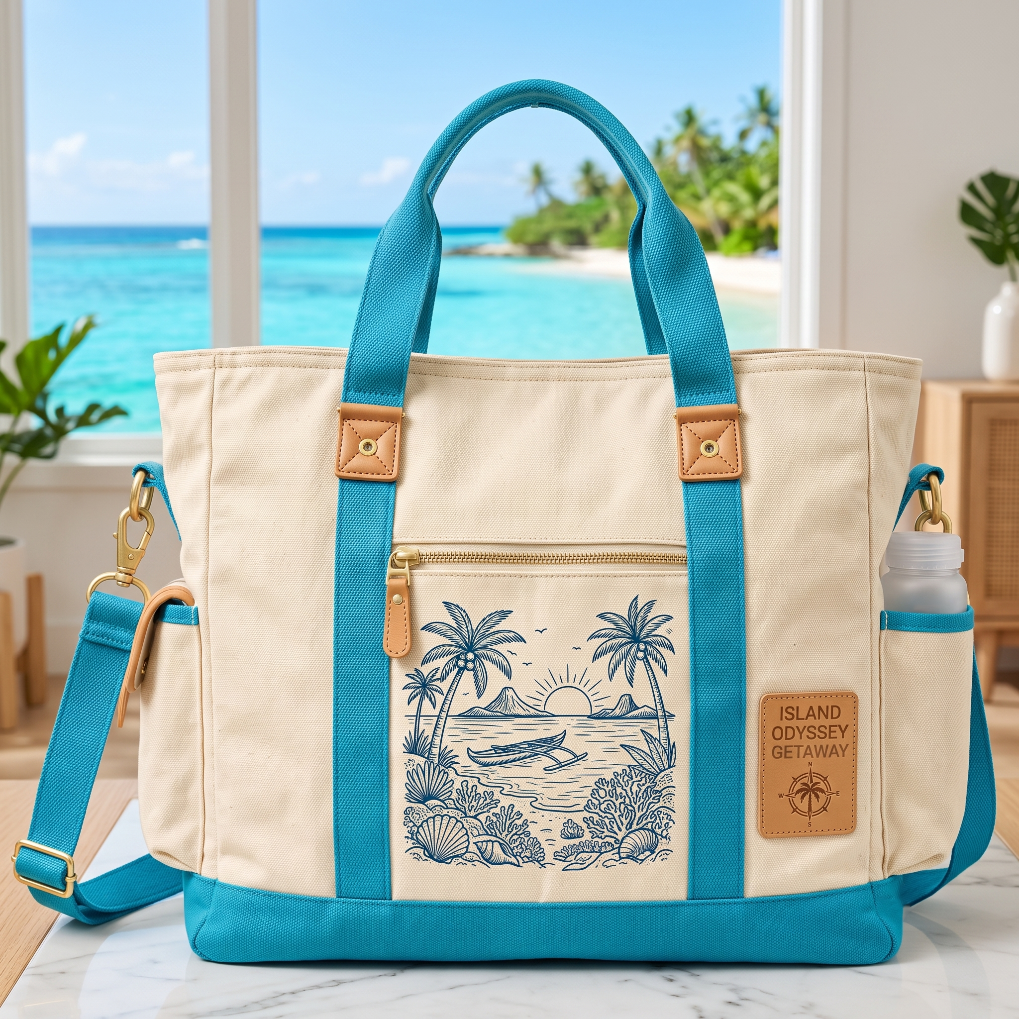 Island Melody Tropical Parrot Multi-Pocket Canvas Travel Tote Bag