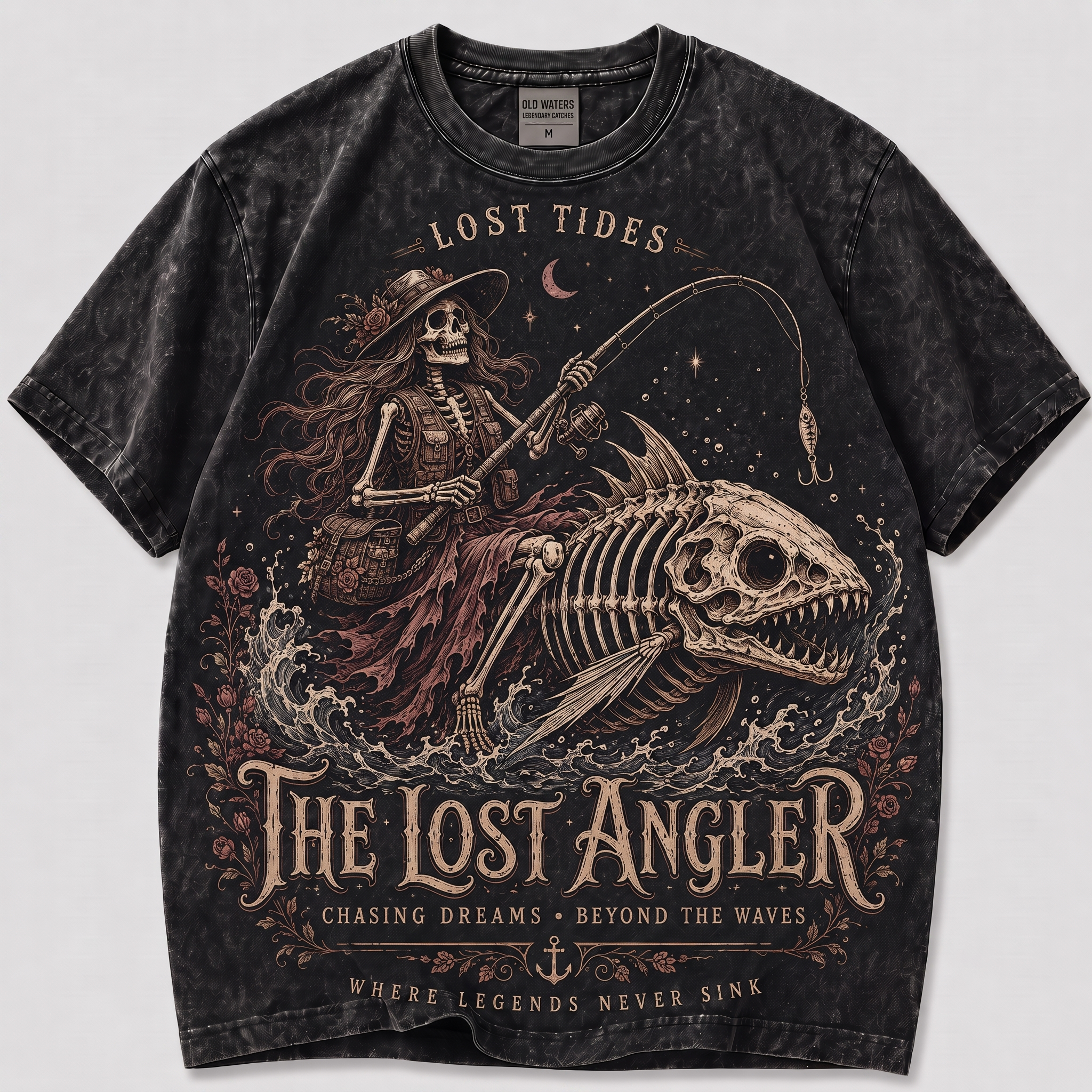 The Lost Angler Women's Gothic Skeleton Fisher Streetwear Tee