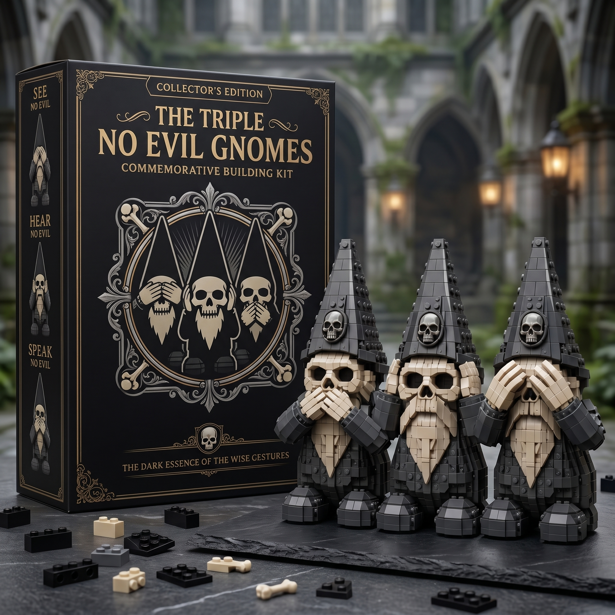 Gothic "See Hear Speak No Evil" Skeleton Gnome Building Kit