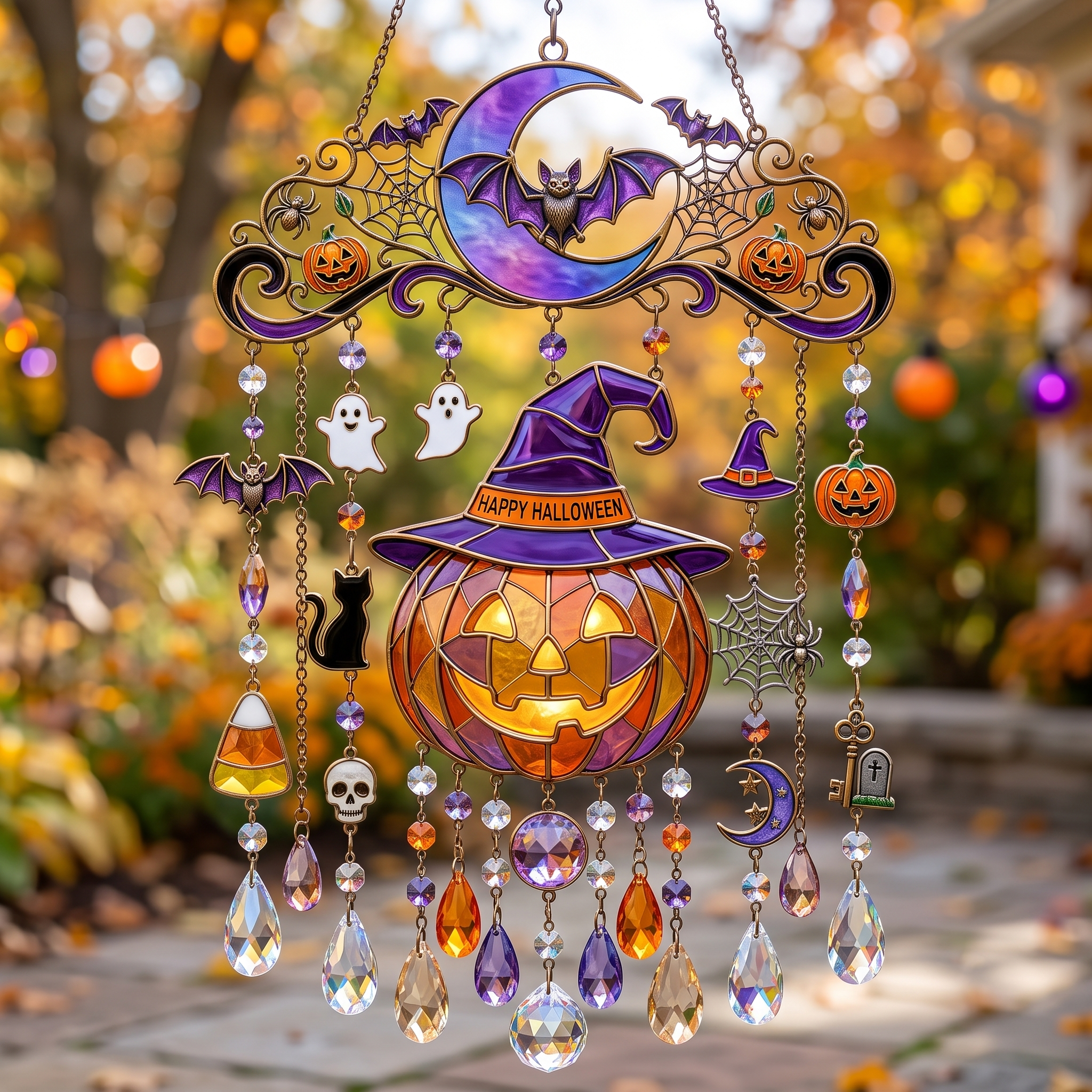 Halloween Stained Glass Jack-O'-Lantern Crystal Wind Chime