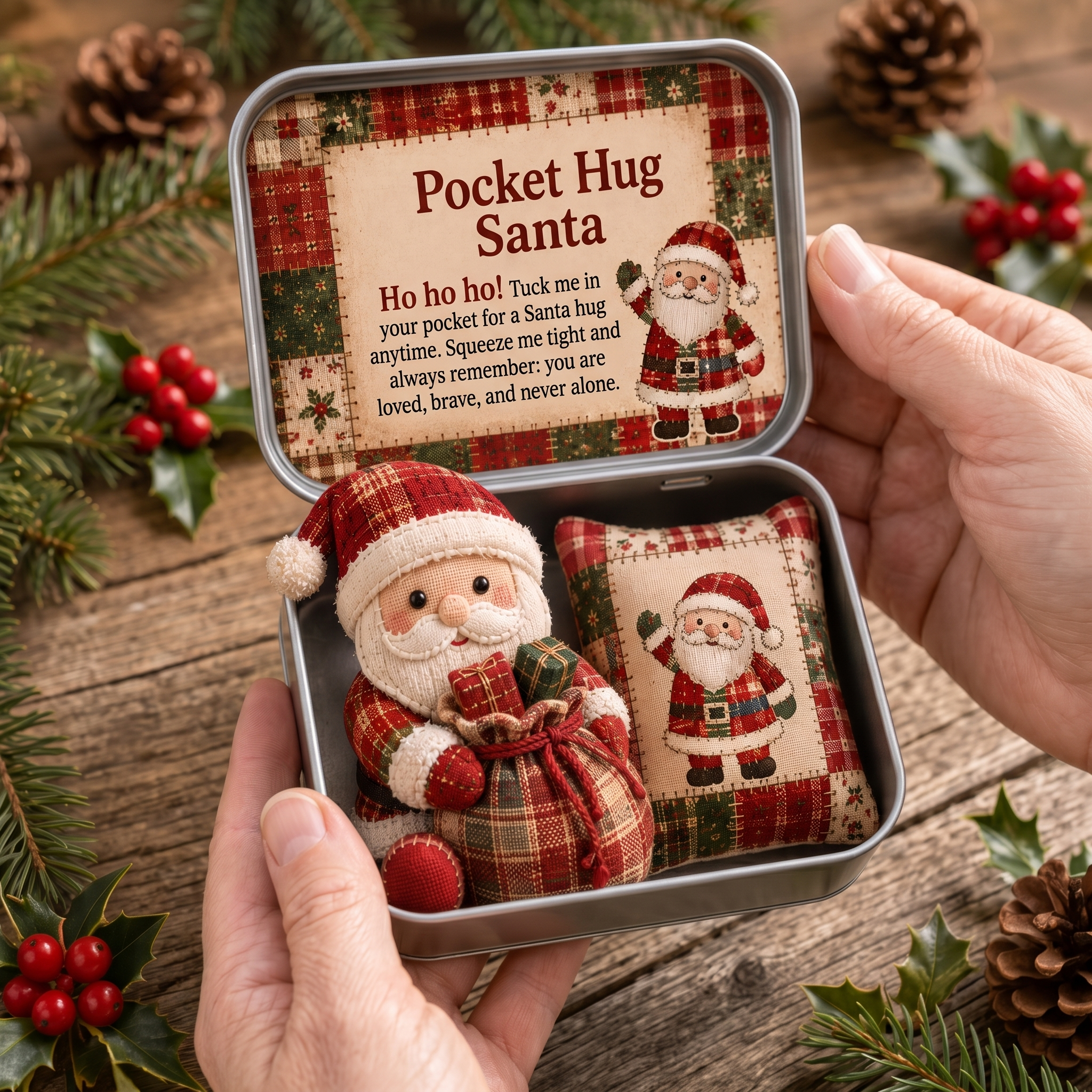 Heartwarming Patchwork Santa Pocket Hug Keepsake Tin