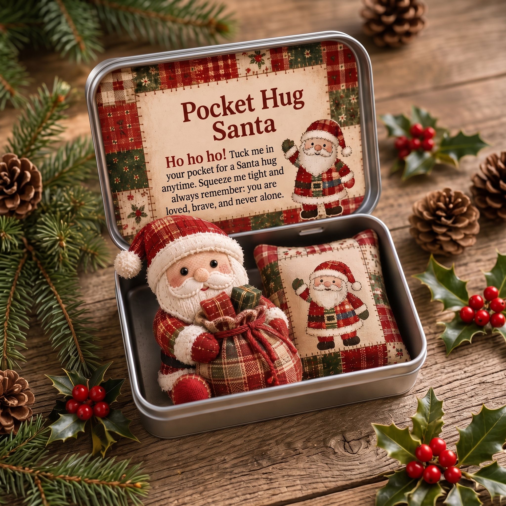Heartwarming Patchwork Santa Pocket Hug Keepsake Tin